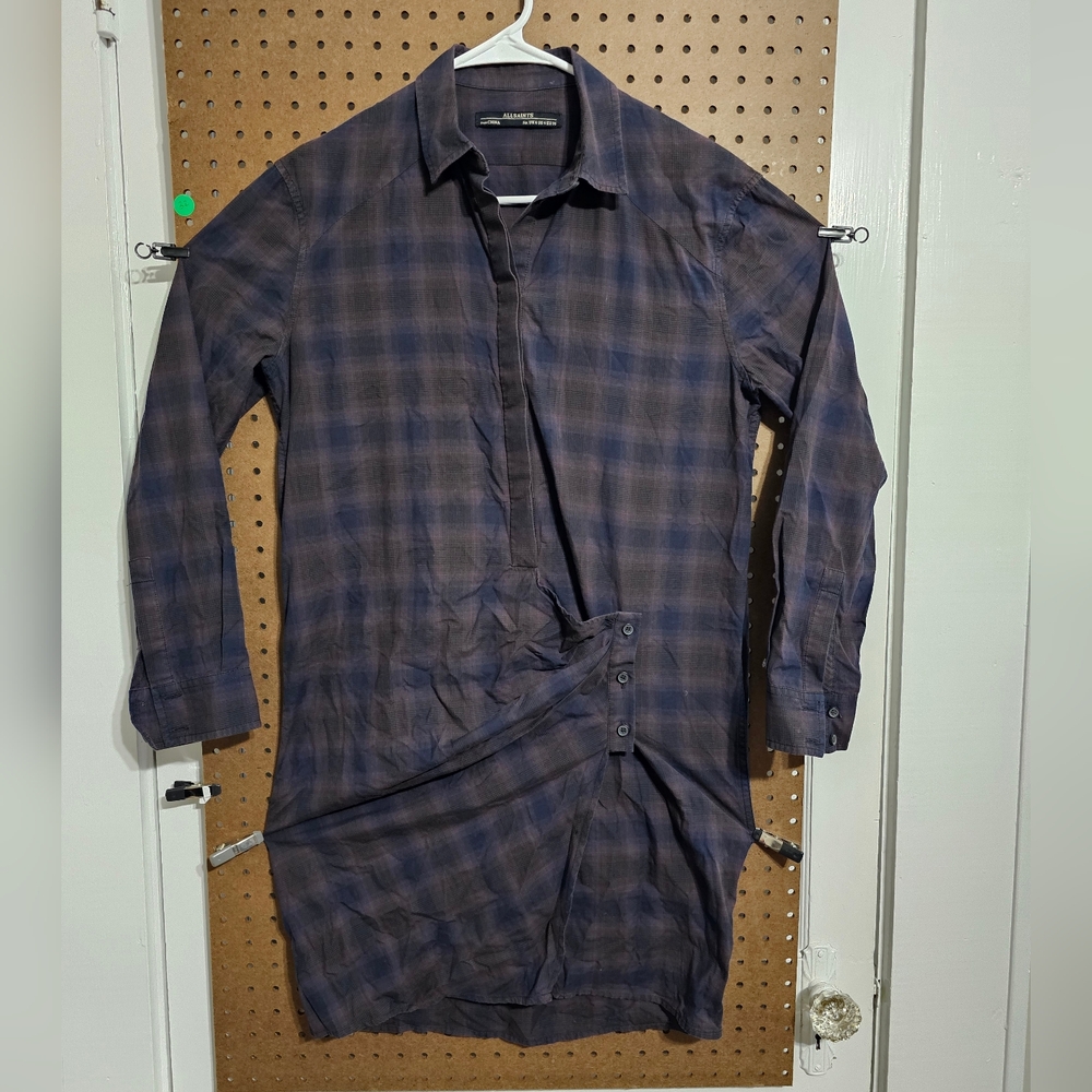 All Saints Braxon Dress Brown Black Moc Wrap Plaid Button Women's Sz 4